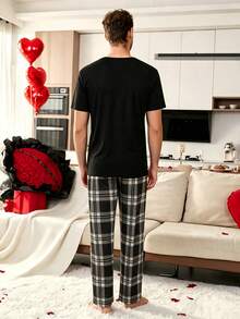 Conjunto de Pijama Unisex 2 Piezas, Camiseta de Manga Corta con Bolsillo y Pantalón Largo Estampado a Cuadros, Ropa de Dormir Casual para Hombre y Mujer - Negro - Ver 4