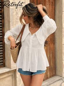 Plus Size Women Loose V-Neck Elegant Peter Pan Collar Long Sleeve Ruffle Hem Solid Color Blouse White Spring - White - View 1