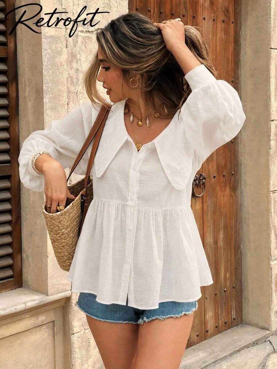 Plus Size Women Loose V-Neck Elegant Peter Pan Collar Long Sleeve Ruffle Hem Solid Color Blouse White Spring - White - View 1