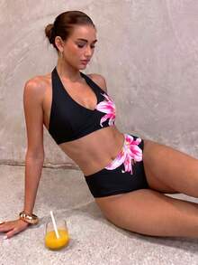 WaveBikini High Waist Bikini Set Quick Dry Halter V‑Neck Lily Floral Print Swimwear For Women Beach Pool Vacation Bathing Suit - Multicolor - View 5
