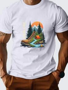 Camiseta de manga corta para hombre con estampado gráfico, cuello redondo, top casual perfecto para salidas, adecuada para el uso diario en otoño, entrega local. - Blanco - Ver 5
