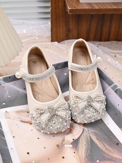 Girls' Rhinestone Pearl Bow Mary Jane Shoes, Hook-And-Loop Low Vamp Sweet Princess Style Party Shoes