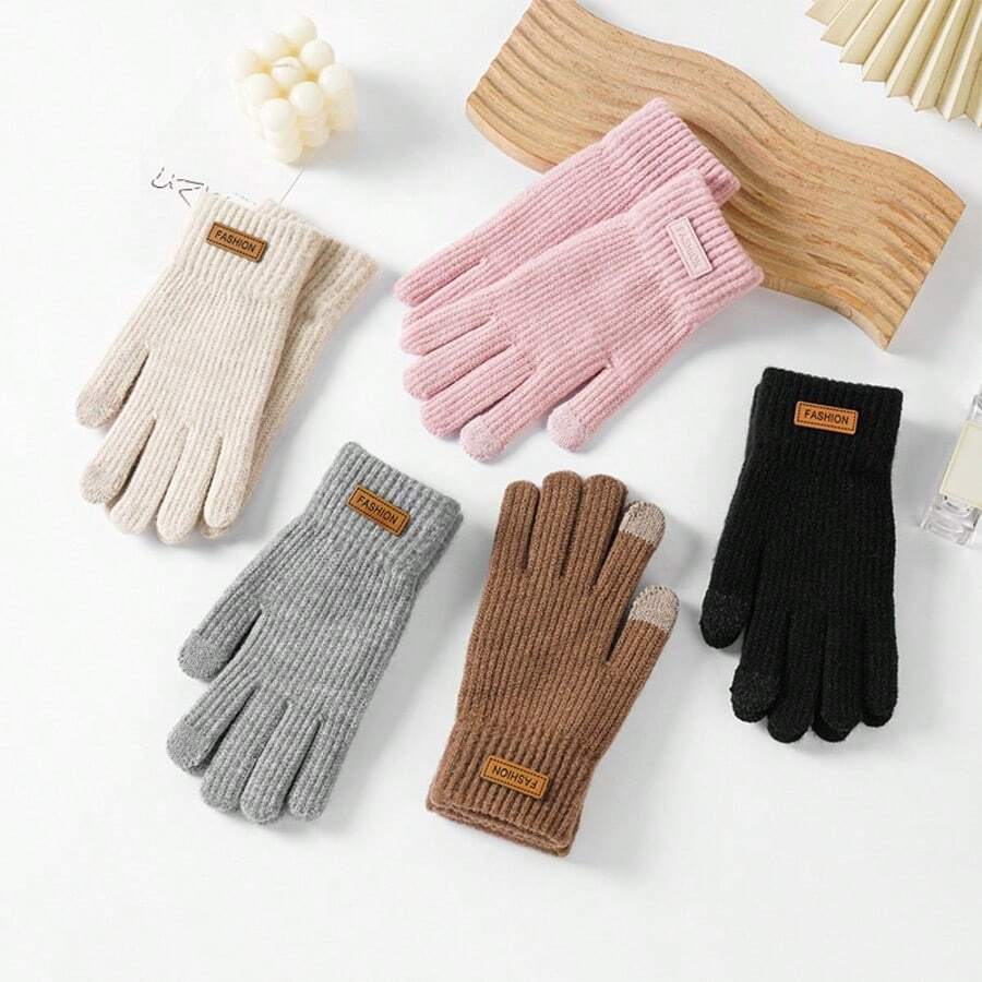 1 Pair Women's Thick Warm Touchscreen Knitted Knitted Gloves, Windproof Fingerless Gloves For Electric Scooter Riding, Fashion Letter Logo Gloves - A - View 1