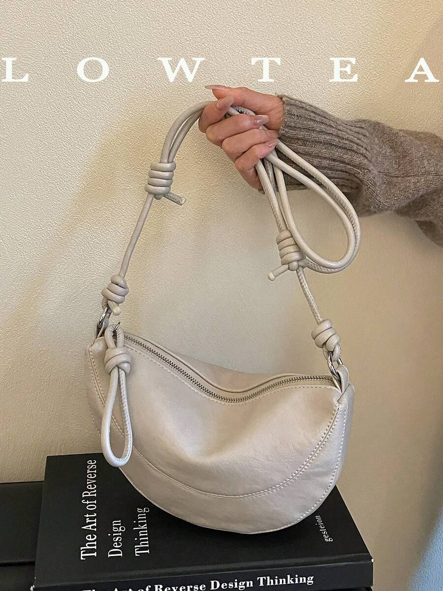 1 buah Tas Bahu Wanita Model Bulan Sabit Gaya Vintage dari Bahan PU Warna Polos dengan Jahitan Patchwork dan Penutup Resleting, Cocok untuk Pemakaian Sehari-hari dan Gaya Jalanan