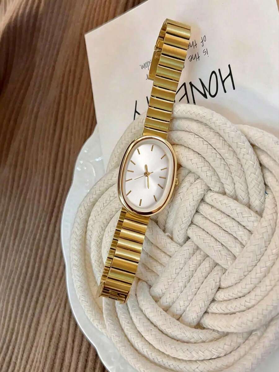 1pc Women's Gold Tone Oval Dial Bamboo Link Steel Band Watch - Luxury Minimalist Style - Birthday, Graduation Or Best Friend Gift - one-size - View 1