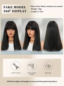 20-Inch Medium-Length Black Wig Synthetic Straight Wig With Bangs, High Density Heat-Resistant Fiber Natural Fluffy Wigs For Women Daily Party Wear, Seasons Use - 自然黑 - 查看 5