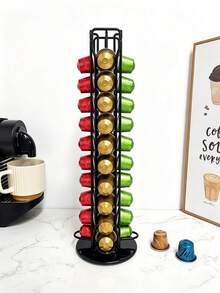 Rotatable Coffee Capsule Storage Rack, Black Metal Coffee Pod Holder, Rust‑Proof Coffee Capsule Organizer, Practical Accessory For Home Kitchen Coffee Bar, Holds Multiple Types Of Coffee Pods, Perfect For Daily Coffee Preparation - Black - View 2