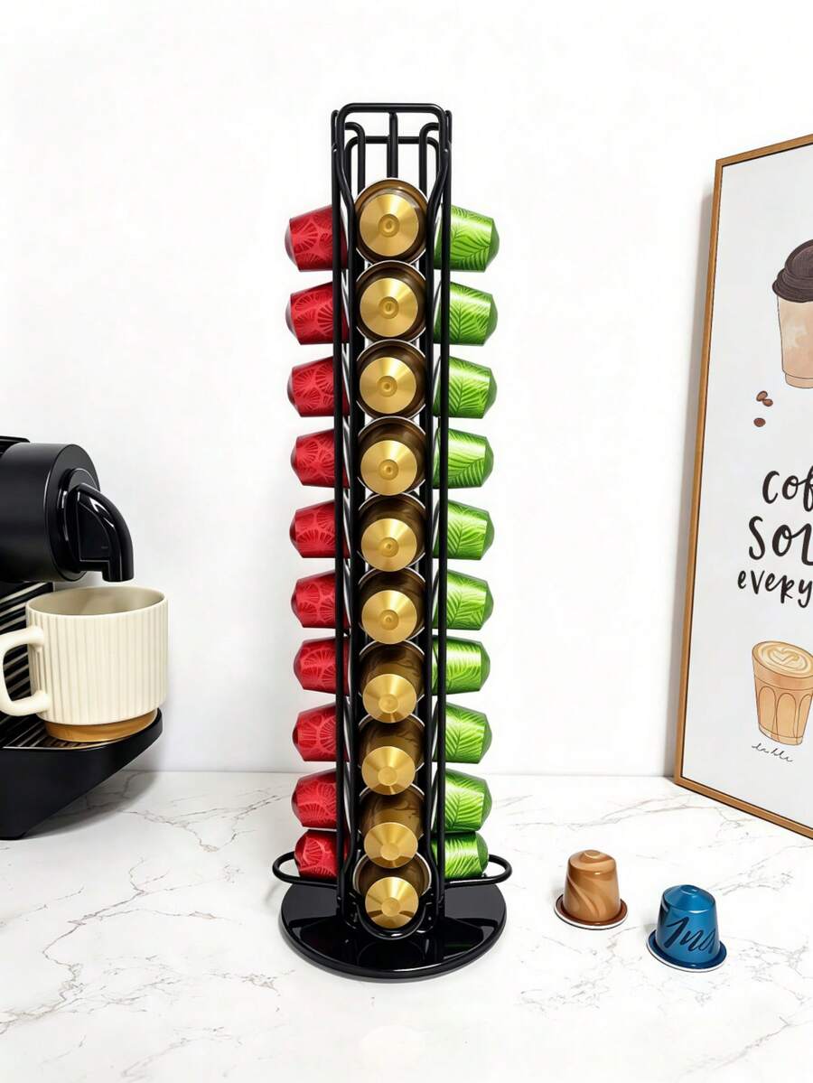 Rotatable Coffee Capsule Storage Rack, Black Metal Coffee Pod Holder, Rust‑Proof Coffee Capsule Organizer, Practical Accessory For Home Kitchen Coffee Bar, Holds Multiple Types Of Coffee Pods, Perfect For Daily Coffee Preparation