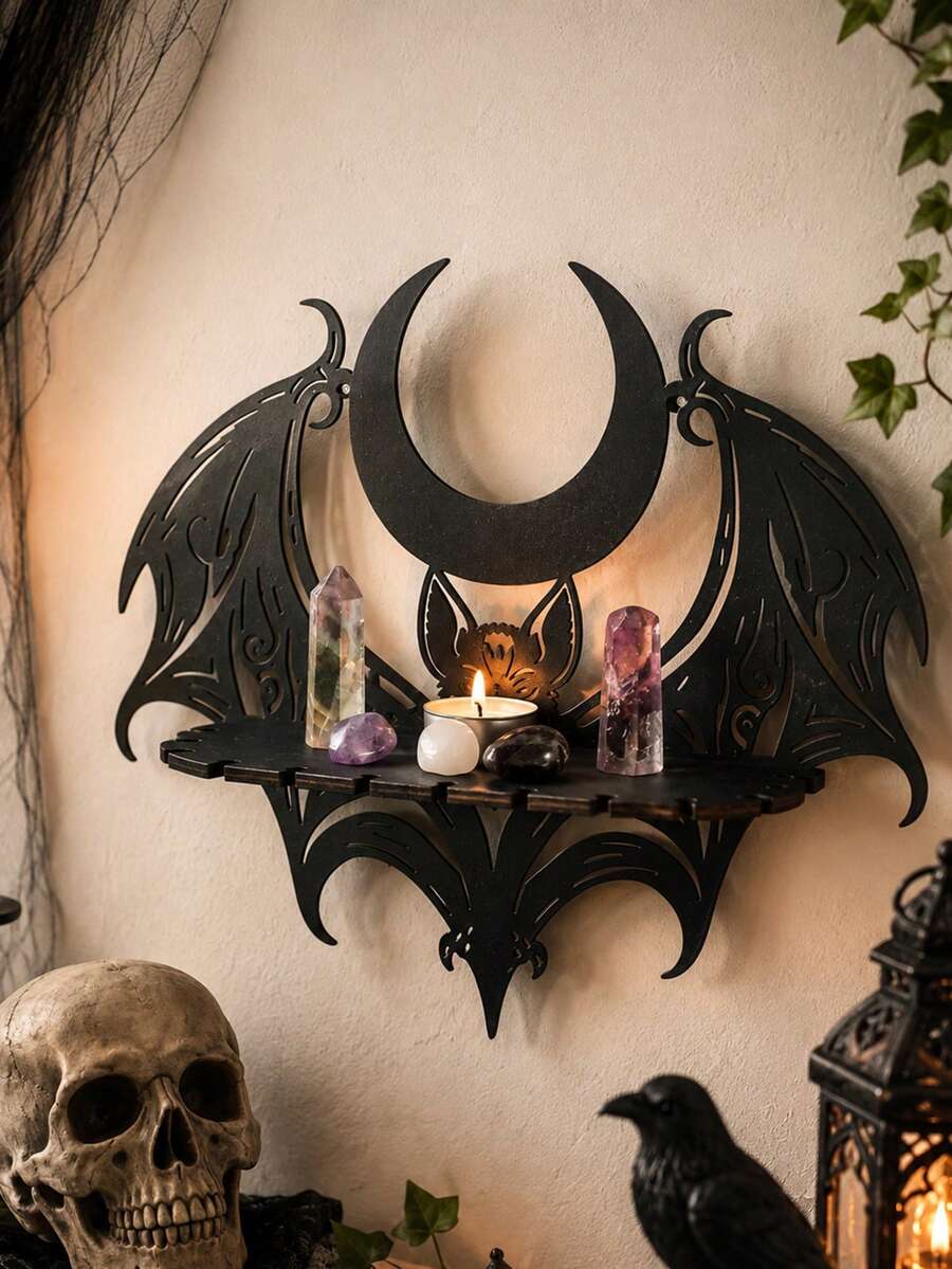 1pc Bohemian Style Bat Wing Shaped Wall Shelf, Crescent Design, Gothic Decor Wall Shelf, Suitable For Home Decor, Witch Theme Crystal Candle Display Rack, Handmade Black Metal And Wooden Wall Decor, Mixed Style Home Decor For Bedroom, Living Room And More