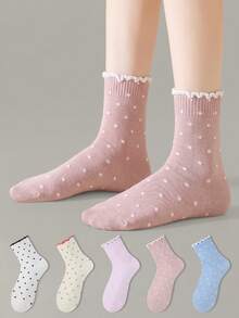 ZUJO 5 Pairs Women's Cherry Color Mid-Calf Socks, Polka Dot Pattern, Suitable For Daily Wear, Simple And Comfortable, Random Color - Multicolor - View 3