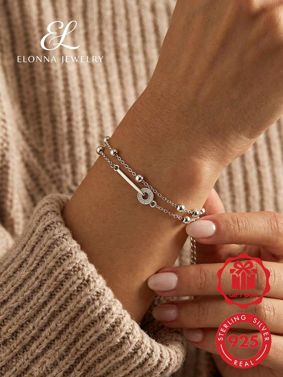 SYMFNY 925 Sterling Silver Double Layer Beaded Bracelet With Zirconia Inlaid Interlocking Round Ring And Bar Pendant, Delicate Layered Chain Jewelry, Women's Gift - Silver - View 1