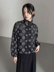 Korean Style Floral Dark Pattern Vintage Cute Print Hooded Lightweight Sun Protection Versatile Nylon Jacket - Black - View 1
