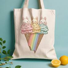 Bolsa de Lona para Compras con Diseño de Conejo y Helado - Diseño adorable de conejo y helado arcoíris, tonos suaves, bolsa de compras reutilizable, lona de poliéster resistente (13.8"x15.8" - A - Ver 6