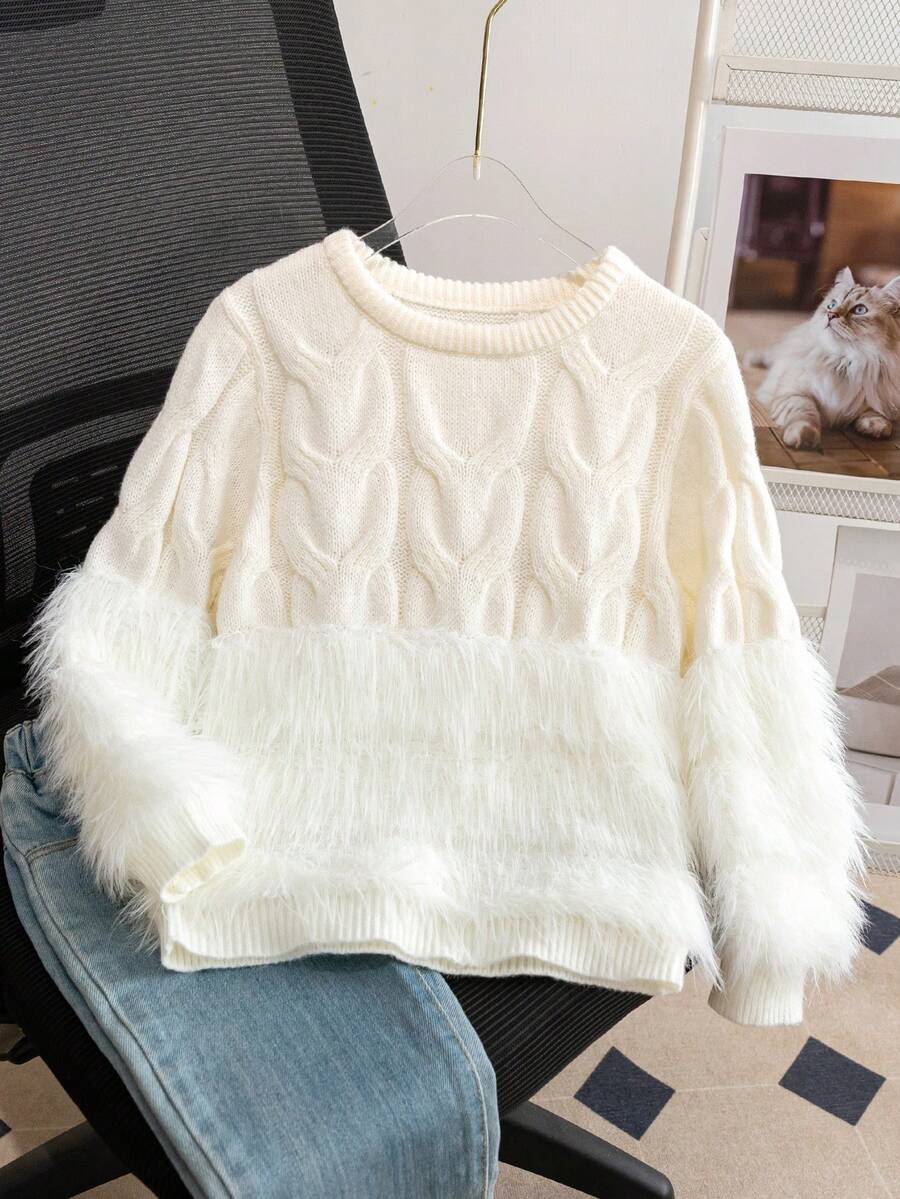 Girls' Sweet Solid Color 3D Cable Knit Patchwork Plush Round Neck Long Sleeve Sweater, Soft Casual Versatile Pullover For Daily Wear, School, Spring, Autumn, Winter - Apricot - View 1