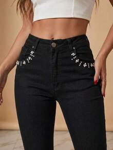 pthirillo Women Jeans - Rhinestone and Pearl Floral Trio Bag - View 3