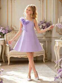 Vestido de noche elegante de un solo hombro con estampado floral para niñas preadolescentes, para dama de honor, fiesta de boda, baile, cumpleaños, graduación, concurso de belleza, actuación y ceremonia de graduación, vestido de princesa para niña - Púrpura malva - Ver 1