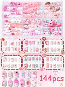 144pcs Kuku Palsu Pendek Tempel untuk Anak Perempuan, Desain Pola Kartun Lucu Warna-warni, Set Ujung Kuku Akrilik Pra-Lem untuk Menutupi Seluruh Kuku, Cocok untuk Dekorasi Kuku Anak Perempuan - MultiWarna - View 3