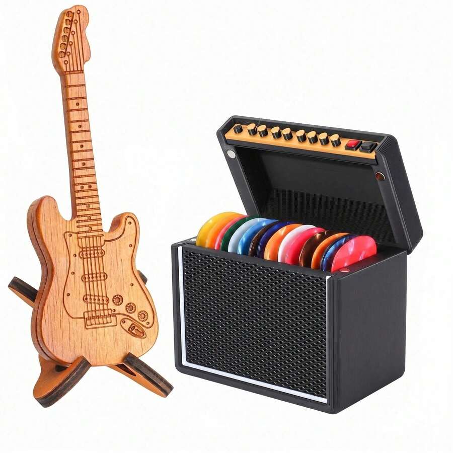 Caja almacenamiento púas guitarra diseño 3D vintage, tapa abatible, incluye púas surtidas para músicos - Altavoz negro con tapa abatible + guitarra de madera - Ver 1
