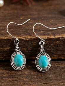 1 Pasang Anting-Anting Paduan Logam Kecil Liontin Bulat Batu Turkuois Buatan Gaya Bohemian - Perak - View 3