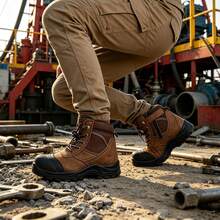 Men's Mid-Top Steel Toe Safety Work Shoes, Top Grain Suede Leather Protective Shoes, Side Zipper Design, Anti-Crush Industrial Work Boots - Brown - View 10