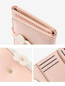 Flower Short Coin Wallet, Simple Black And White Contrasting Color Three Fold Wallet, Compact And Portable Multi Slot Coin Wallet, Cute Storage Wallet - Multicolor - View 4