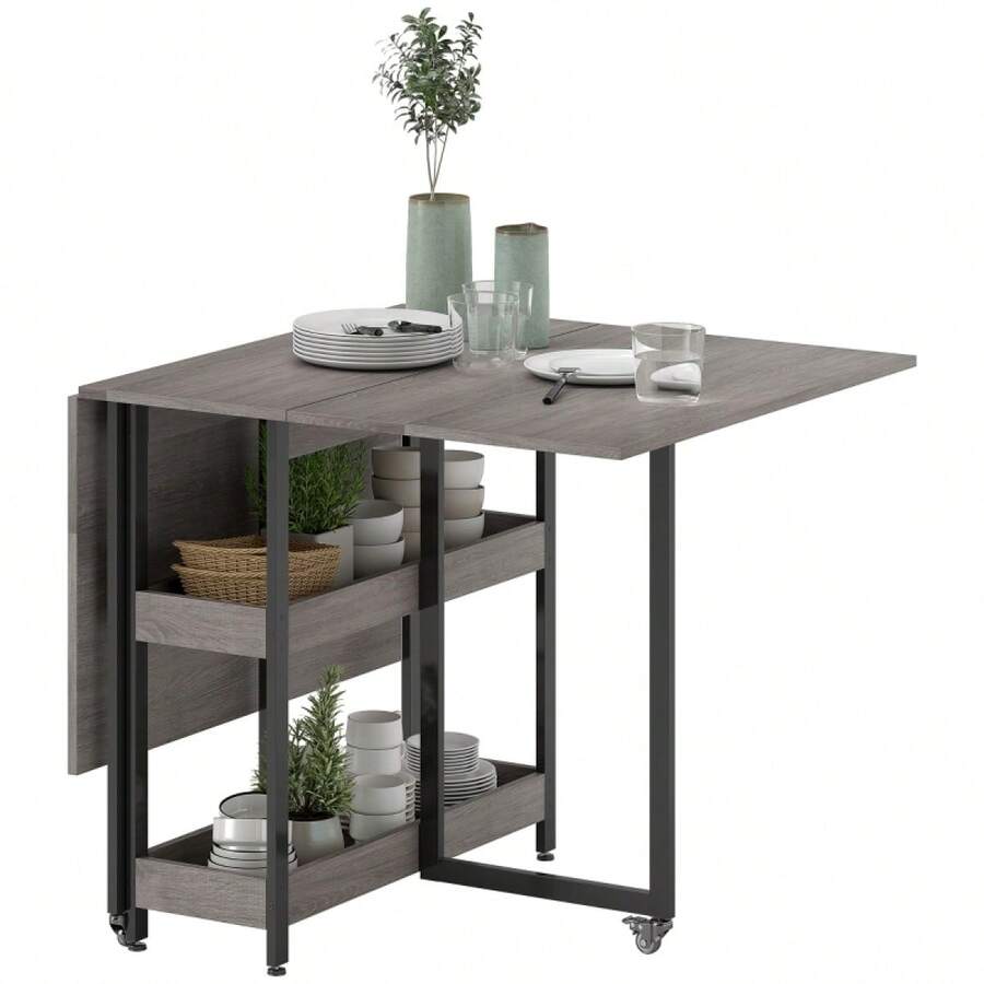 Mesa de Comedor Plegable para 2-4 Personas con 2 Estantes Abiertos, Mesa de Comedor Móvil, Mesa Plegable para Espacios Pequeños, Comedor, Cocina 133.4 x 80 x 75 cm Marrón Rústico - Gris + Madera - Ver 1