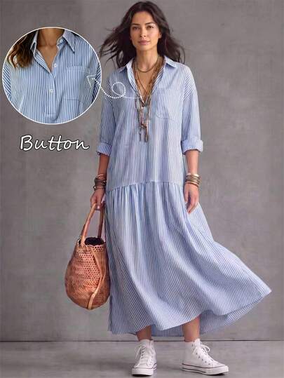 Women's Striped Casual Shirt Dress, Long Sleeve Loose Long Dress, Spring/Autumn, Striped Shirt Dress, Striped Dress, Blue Dress, Basic, Country, Work Dress, Office Wear, Teacher Work