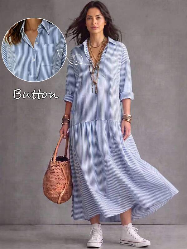Women's Striped Casual Shirt Dress, Long Sleeve Loose Long Dress, Spring/Autumn, Striped Shirt Dress, Striped Dress, Blue Dress, Basic, Country, Work Dress, Office Wear, Teacher Work