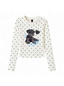Japanese Cute Polka Dot Puppy Print T-Shirt For Women, Long Sleeve Round Neck Slim Fit Cropped Top, Autumn Inner Layer Round Neck Base Layer - White - View 7