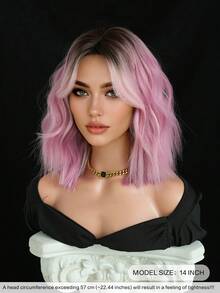 14inch Short Wave Pink Ombre-Dark Roots Wigs For Women,Elegant Wavy Bob Wigs With Curtain Bangs,High Quality Soft Synthetic Fiber Wigs For Girls Daily Wear, Family Party Use, Fashion Wig Accessories - 漸層粉紅色 - 查看 4