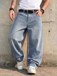 Quần jeans nam ống rộng suông rộng, màu xanh nhạt, in họa tiết tổ ong toàn thân, thiết kế ngách oversized phong cách Y2K hip hop streetwear denim - Rửa nhẹ - Xem 4