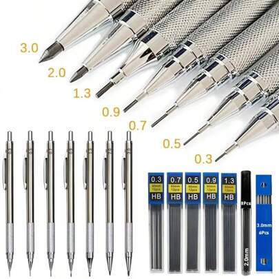 0.3 0.5 0.7 0.9 1.3 2.0Mm Mechanical Pencil Set, Come With Lead Core All Metal Art Drawing Automatic Pencil Office Stationery, Black Lead Core Set,Back To School