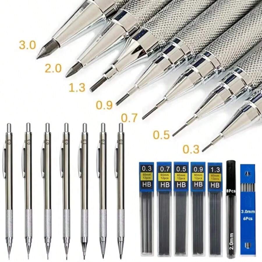 0.3 0.5 0.7 0.9 1.3 2.0mm 機械鉛筆套組,附鉛芯全金屬自動鉛筆,藝術繪圖辦公文具,黑色鉛芯組,返校季 - 金屬鉛筆 - 查看 1