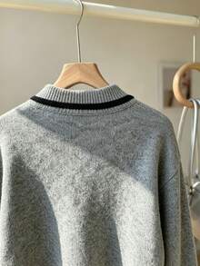 1pc Vintage Colorblock Collared Button Pullover Sweater, Slouchy Premium Soft Loose Knit Top For Women - Grey - View 6