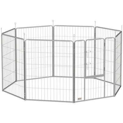 Welpenauslauf 100 Cm Hoch, 8-TLG Hundelaufstall Welpenlaufstall Mit Gurt Und Tür, Freilaufgehege Für Kleine Bis Mittelgroße Hunde, Meerschweinchen, Kaninchen, Stahl, Silber