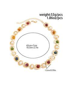 1pc Vintage Retro Gold Geometric Square Colored Stone & Pearl Necklace For Women, European & American Palace Style Choker Jewelry (Bead Color And Position Random, Subject To Actual Product) - Multicolor - View 6