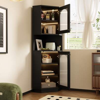 Old Sku:WF314590AAB,Badschrank Mit Lichtleiste, Badmöbel, Eckschrank Mit Zwei Ablagefächern, Offenes Fach Mit Verstellbaren Einlegeböden, 45x 45 X 166,5 Cm, Schwarz