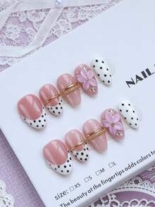 10 piezas de uñas postizas de forma almendrada corta hechas a mano, estilo francés clásico con flores prensadas, lunares en rosa nude, negro y blanco, flores 3D, adornos de línea metálica y strass, adecuadas para fiestas y uso diario, incluye juego de herramientas, regalo exquisito para mujeres - Multicolor - Ver 2