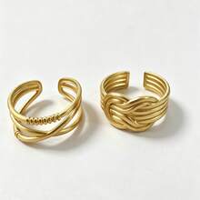 2pcs/Set Stainless Steel Multi-Layer Cross Line Open Ring Set, Unisex Finger Rings - Gold - View 2