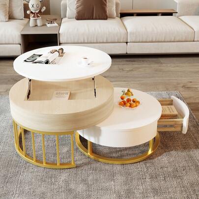 Modern Coffee Table White Wood - Adjustable Height Table With Drawer