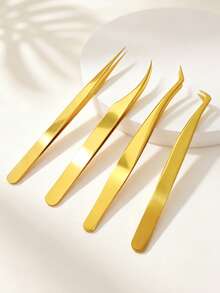 4pcs/1pc Gold Stainless Steel Tweezers Set, Professional Precision Eyelash Tools, Beautician Set, Affordable Makeup Tools, Travel Essential, Gift For Women, Holiday Necessity - Gold - View 2