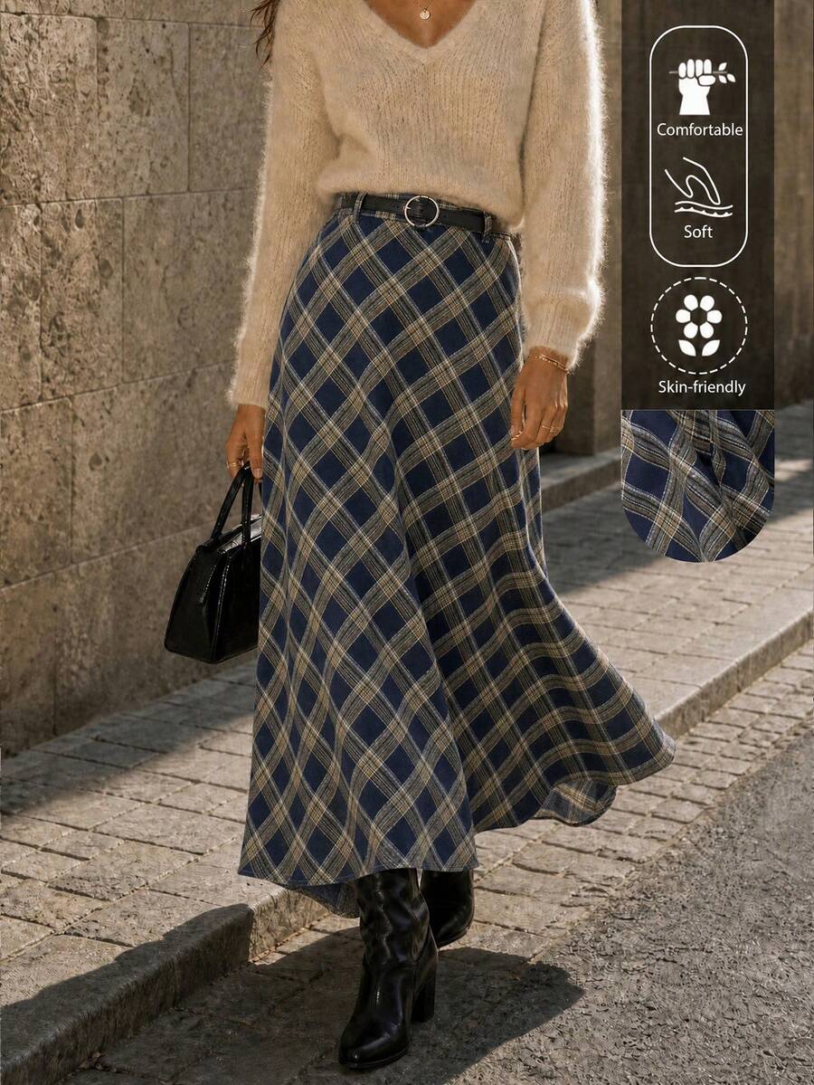 EARO 女士简约格纹印花半身裙,休闲日常春季穿搭 - 藍色 - 查看 1