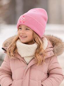 1 Peça Gorro de Tricô Rosa Infantil, Estampa Floral de Letras A-Z, Chapéu Quente de Outono/Inverno, Macio e Confortável com Punho Dobrado, Adequado para Uso Diário, Pode Ser Usado como Presente - Rosa chiclete - Visão 4