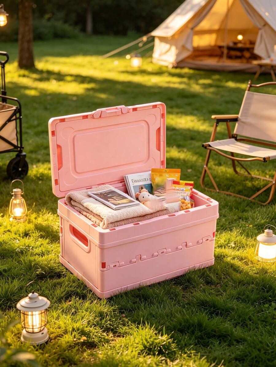 Collapsible Storage Box With Handle, Foldable Plastic Bin For Home Organization And Car Trunk, Space-Saving, Convenient, Easy To Carry. Small Slatted Storage Basket With Lid, Foldable Plastic Slatted Box Space-Saving Portable Outdoor Fruit & Vegetable Picnic Basket (Black, Pink, Small) - Multicolor - View 1