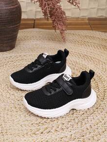 1 Pair Kids' Black Mesh Hook & Loop Thick Sole Casual Sports Shoes, Suitable For Daily School And Outdoor Occasions - Black - View 5