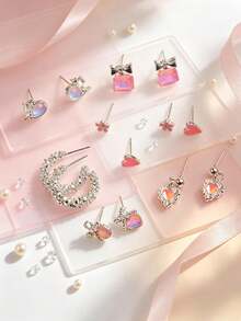 12/20 Pairs Exquisite Silver Stud Earrings Set, Bow & Heart Mixed Design, Y2K Aesthetic Pierced Earrings, Jewelry Gift For Women, Teen Girls - Sweet Butterfly Flower Stud Earrings - View 7