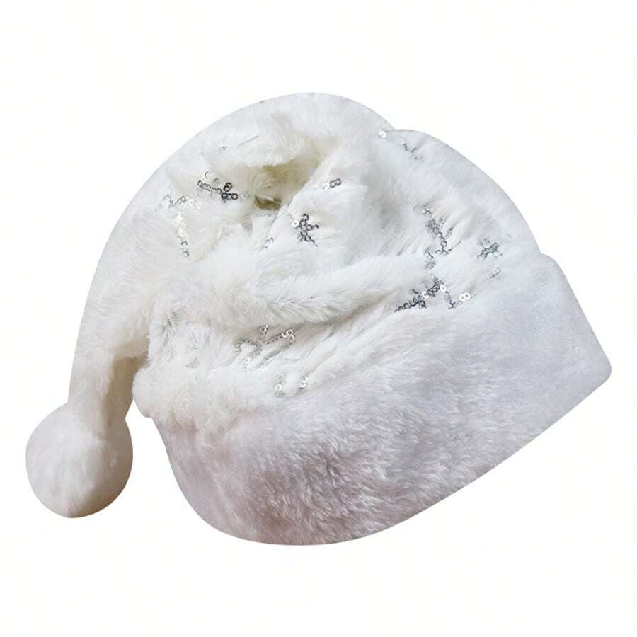 1pc/White Plush Snowflake Christmas Hat, Thick & Soft Holiday Party Costume Headpiece - White - View 1