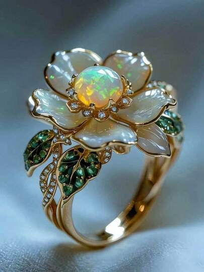 1pc Elegant Promise Ring - 14K Gold Plated, Inlaid With Sparkling Synthetic Opal, Perfect For Wedding And Anniversary, Ideal Gift For Her, Daily Wear, Romantic Valentine's Day Gift