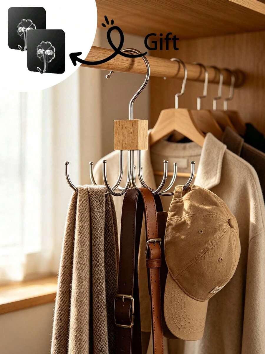 3PCS(1rotating Hook+2hooks)Belt Rack, Rotatable Six-Claw Hook, Bag And Scarf Storage Hook, Closet Storage And Organization, Belt Storage, Space-Saving Rack For Bedroom Wardrobe Daily Organization
