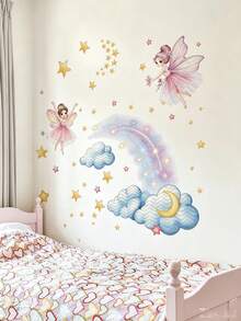 2 Styles Fairy Moon Rainbow Cloud Wall Decals, Removable Self‑Adhesive Wall Art, Home Decor, Girls Nursery Bedroom Baby Shower Decor - Multicolor - View 1